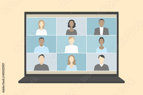 Group video call on laptop. Vector illustration.