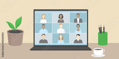 Group video call on laptop. Remote work. Vector illustration.