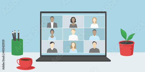 Group video chat on laptop. Telework. Vector illustration.