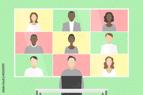 Group video chat on wall screen. Teleworking. Vector illustration.