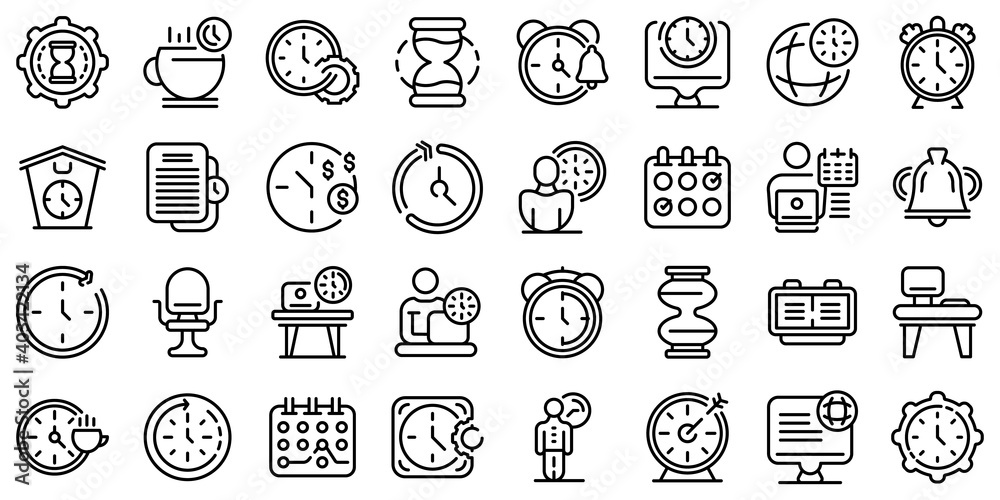 Flexible working hours icons set. Outline set of flexible working hours vector icons for web design isolated on white background