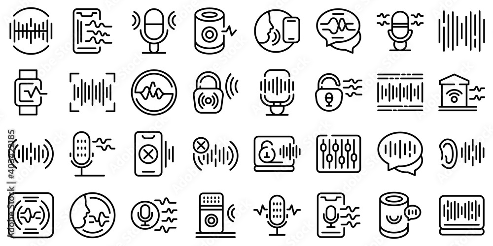 Speech recognition icons set. Outline set of speech recognition vector icons for web design isolated on white background