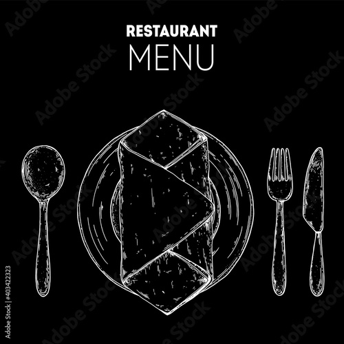 Plate with napkin, spoon, fork and knife sketch. Top view. Hand drawn vector illustration. Vintage sketch. Table setting.