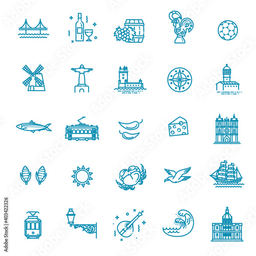 Portugal travel icons set. Outline thin icons