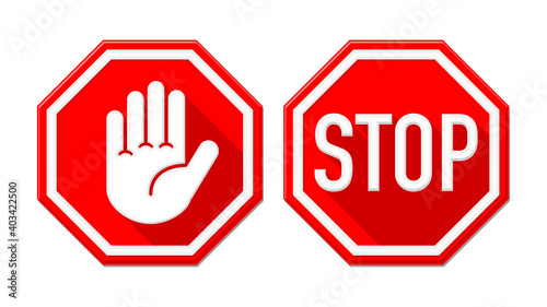 Simple red octagon stop road signs with text and big hand symbol or icon. Vector on transparent background
