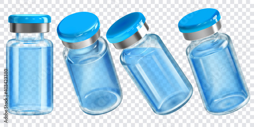 Set of realistic translucent coronavirus vaccine bottles with light blue caps on transparent background