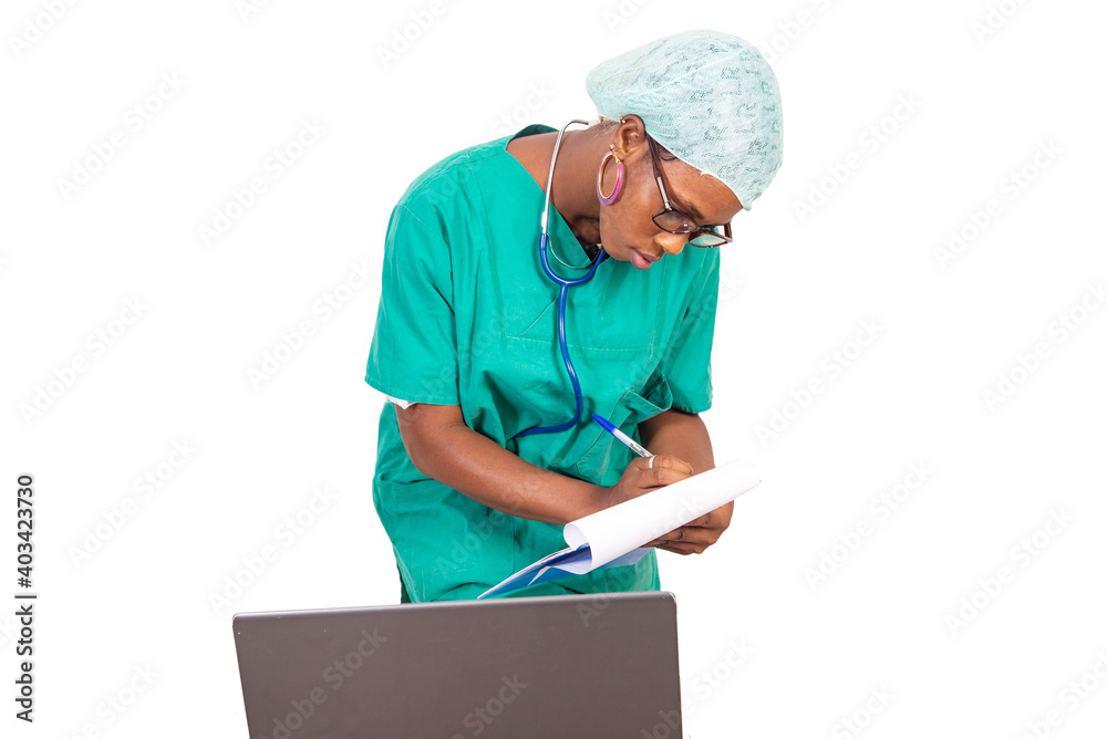 beautiful young female doctor taking notes on paper-press with l