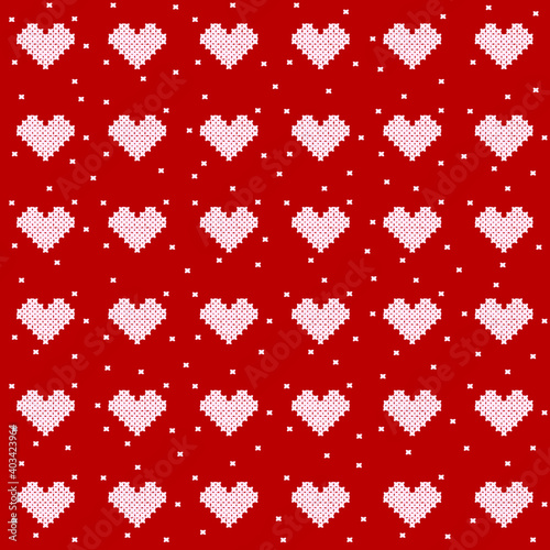 seamless pattern with hearts, cross stitch sytle, red background