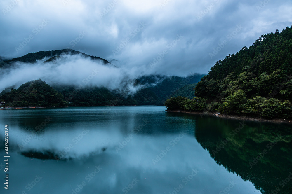 Freshwater Lake behind Dam in Japanese Mountains