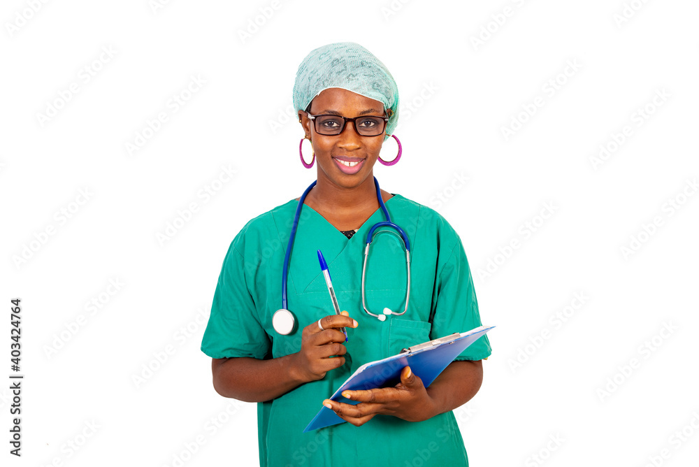 beautiful young female doctor holding a pen with paper-press.