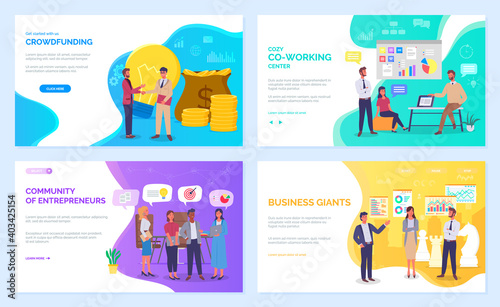 Strategic planning and business management concept webpage set. Modern planning innovations. Crowdfunding landing page template  co working center  business giants  community of enterpreneurs