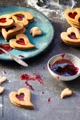 Czech traditional christmas sweets Linzer cookies with homemade red currant jam