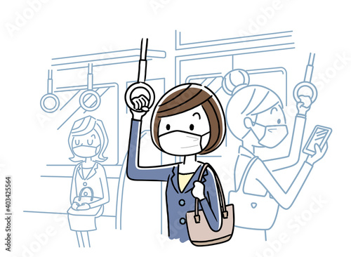 ベクターイラスト素材：マスクをつけて電車に乗る女性
