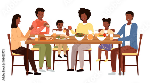 The family dines with healthy natural food. Relatives are communicating at the dinner table. Afro american people having lunch isolated on a white background. Table with fruit, salad and sandwiches