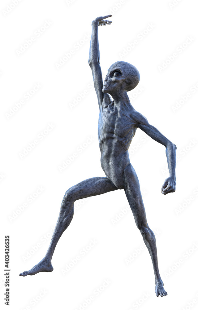 Illustration of an alien holding up hand above its head on a white background.