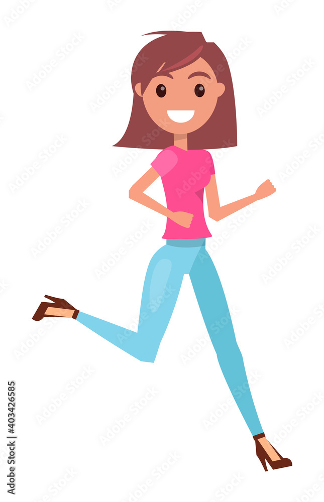 Portrait of young smiling girl wearing pink t-shirt and jeans, stylish shoes at heels. Isolated cartoon character at white background. Cheerful girl running. Busy fashionable girl with bob hairstyle Portrait of young smiling girl wearing pink t-shirt and jeans, stylish shoes at heels. Isolated cartoon character at white background. Cheerful girl running. Busy fashionable girl with bob hairstyle
