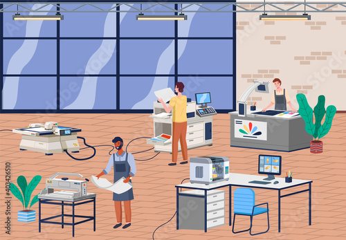 Printing house different equipment. Printer plotter, offset cutting machines and people workers in print house. Industrial polygraphy isometric icons with man and woman picks a hue on color palette