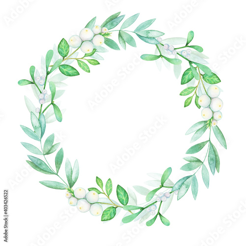 Greenery round wreath with white mistletoe, snowberry, branch. Handpainted watercolor illustration perfect for romantic Christmas invitations. 