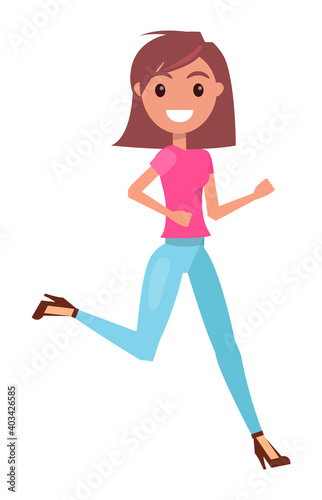 Portrait of young smiling girl wearing pink t-shirt and jeans, stylish shoes at heels. Isolated cartoon character at white background. Cheerful girl running. Busy fashionable girl with bob hairstyle