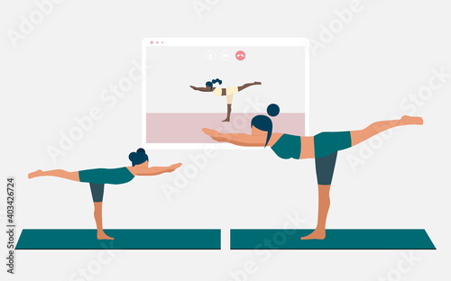 Mother and her daughter doing yoga pose and watching online yoga practice on TV or projector. Stay home concept. Home activity during quarantine. Online courses, education. Eps 10.