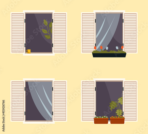 Set of various balconies with flowers in pots. Windows with open shutters vector illustration. Windows overlooking the street with plant or curtains inside. Balcony isolated on the wall of building