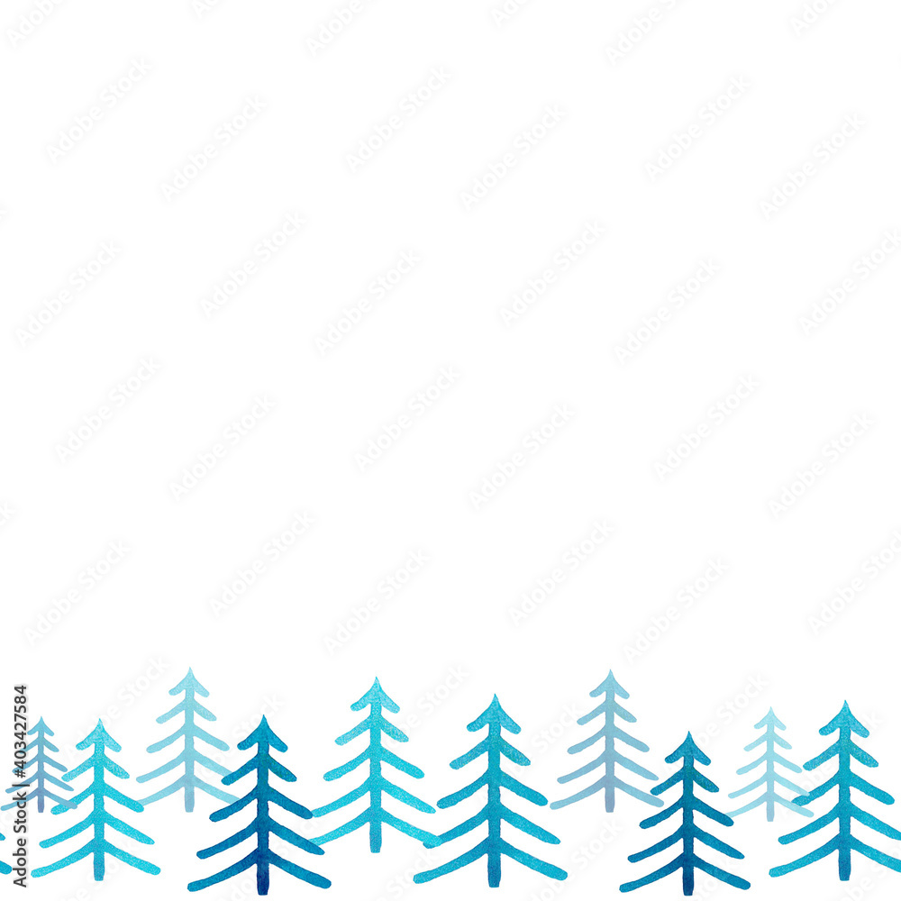 Seamless winter border with christmas trees on white background, watercolor Seamless winter border with christmas trees on white background, watercolor