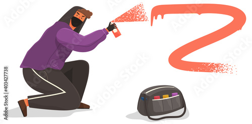 Vandal damaging city building. Bandit in hood and balaclava painting graffiti isolated on white background. Street gangsters and vandalism. A man bandit sprays paint from a balloon, spoils property