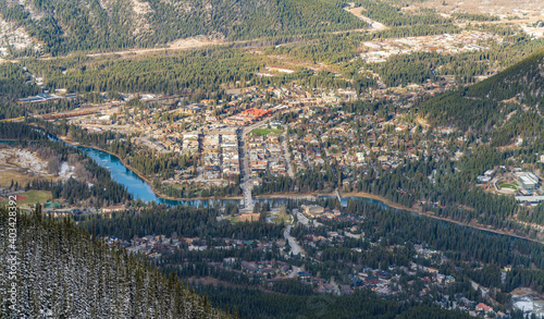 Aerial view of Town of Banff. Banff National Park, Canadian Rockies, Alberta, Canada.