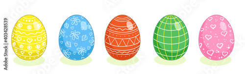 Happy Easter!  Set of five painted easter egg.  In cartoon style. Isolated on white background.  Vector illustration.