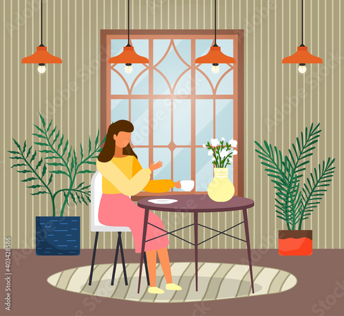Young woman sitting on chair at home room interior. Flat style female character at a table with cup of coffee in cafe vector illustration. Spending time at home, relaxing after work, drinking tea