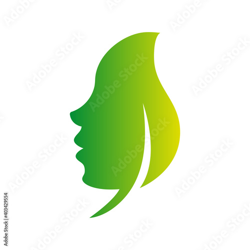 Beauty salon logo woman face green leaf, health nature
