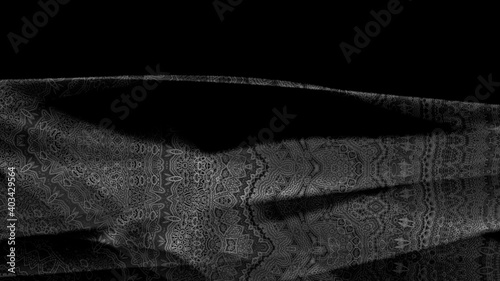 abstract fabric texture with a small oriental pattern in blue-violet color on a dark background, 3d rendering, blurred image