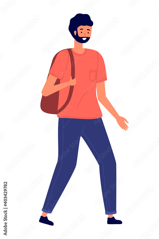 A man in casual clothes carries a backpack on his shoulder. Stylish young male character, vector illustration isolated on white background. Bearded guy with dark hair in jeans and a t-shirt walks A man in casual clothes carries a backpack on his shoulder. Stylish young male character, vector illustration isolated on white background. Bearded guy with dark hair in jeans and a t-shirt walks