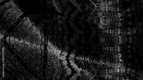 abstract texture of a smooth shiny fabric with a small oriental pattern on a dark background, 3d rendering