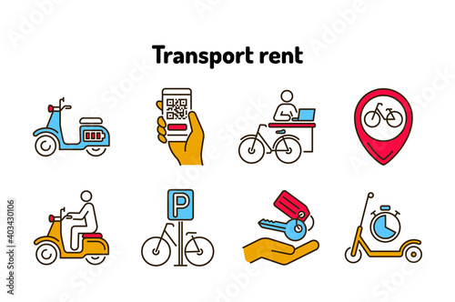 Transport rent color line icons set. Pictograms for web, mobile app, promo. UI UX design element. Editable stroke