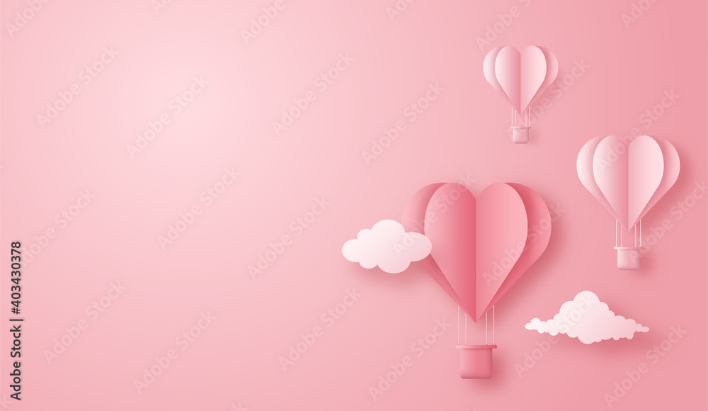 3D origami heart hot air flying with cloud background. Love concept design for happy mother's day, valentine's day, birthday day. Poster and greeting card template. vector paper art illustration.