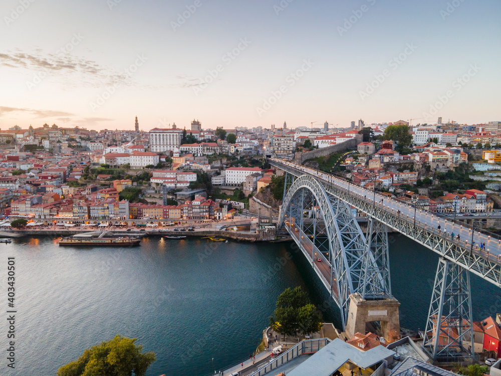 Aerial view of beautiful city of Porto at sunset, Portugal