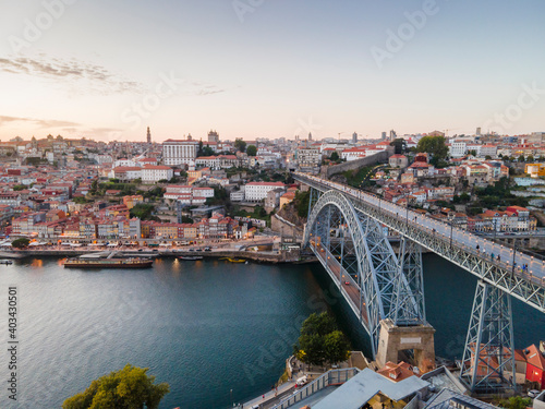 Aerial view of beautiful city of Porto at sunset, Portugal