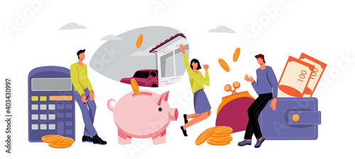 Saving money and lending financial services banner backdrop with business people saving money in piggy bank and wallets. Bank account savings and loan or mortgage, flat vector illustration isolated.