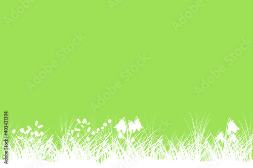 Green spring background with copy space. Summer grass banner with flowers.Template backdrop frame for Easter with place for text. Eco product label. Environmental protection. Stock vector illustration