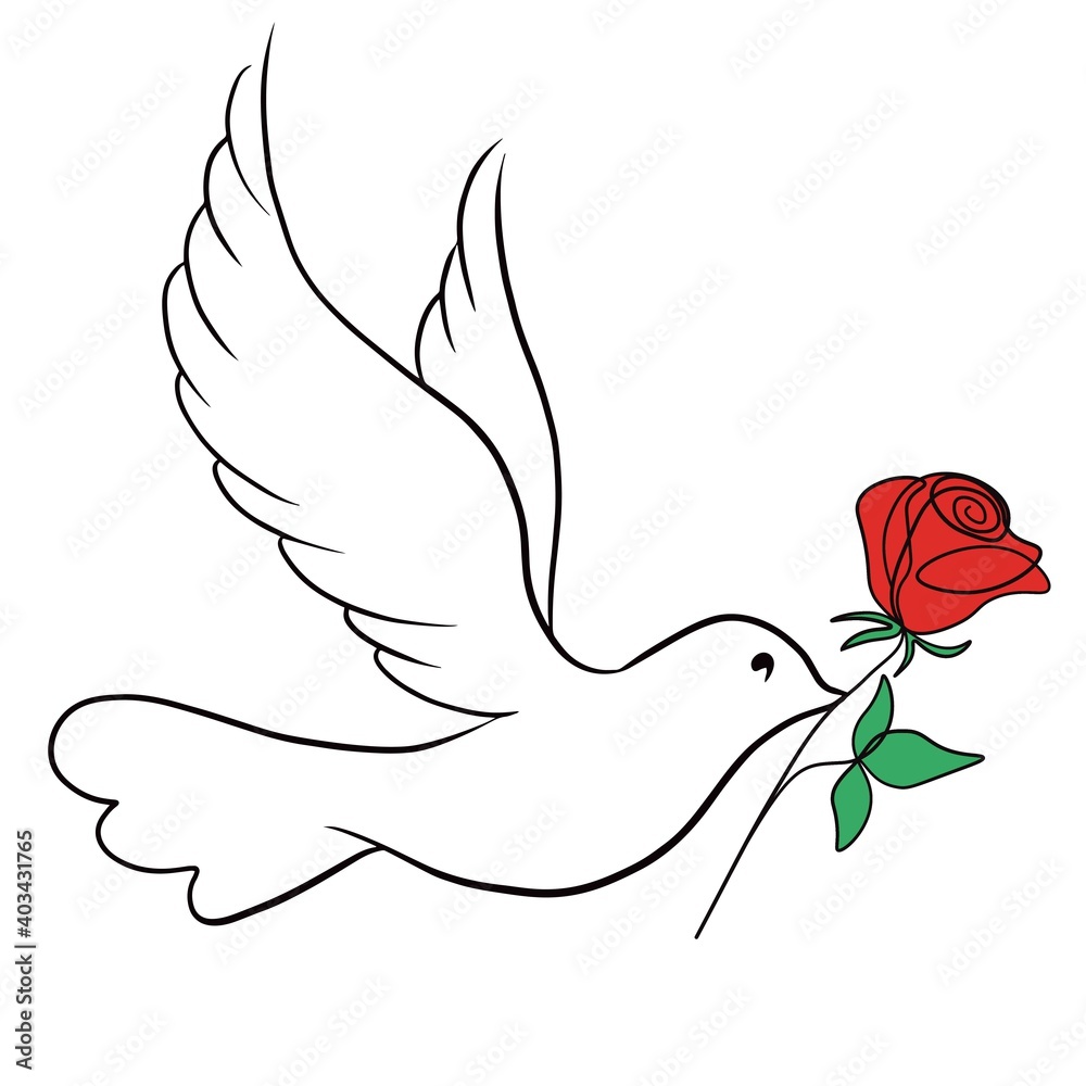 Dove bird symbol with rose flower. Vector illustration card. Stock