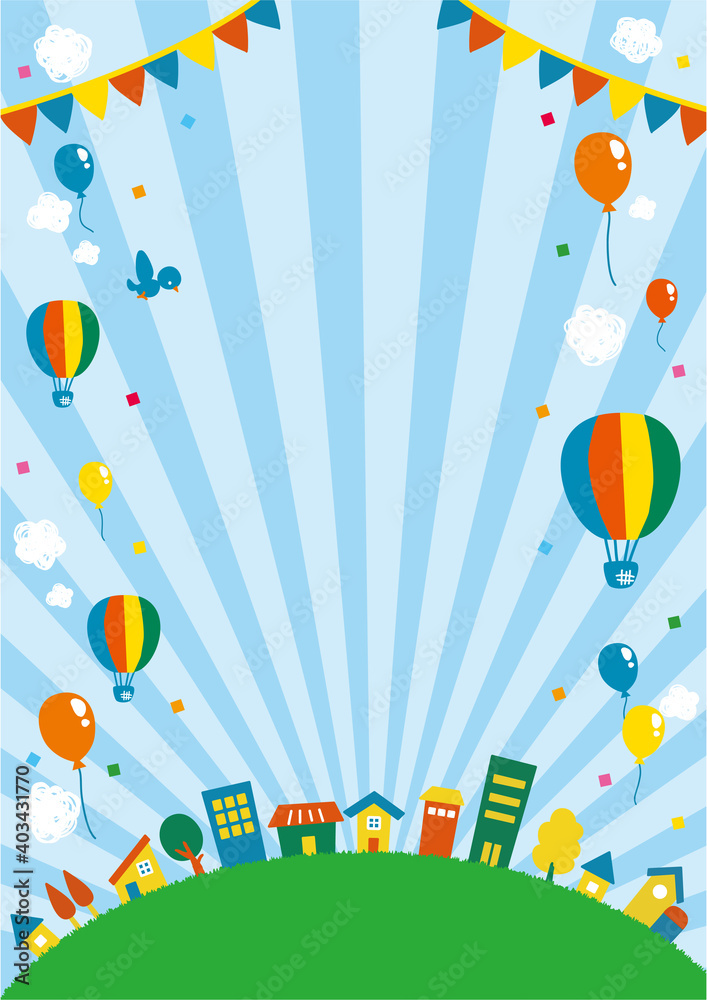 気球と風船が飛んでいる青空と街並みのイラスト 縦位置 Stock Vector Adobe Stock