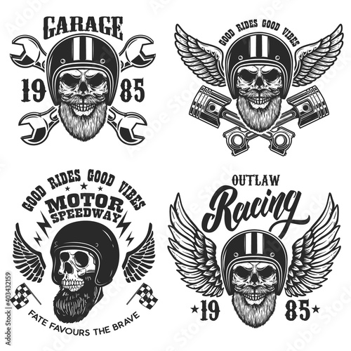 Set of the emblems with bearded skull in racer helmet with wings. Design element for logo, label, sign, emblem, poster, t shirt. Vector illustration