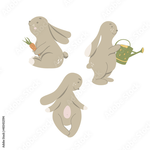 Three cute easter bunny. Vector illustration. Graphic design element.  Isolated white background.