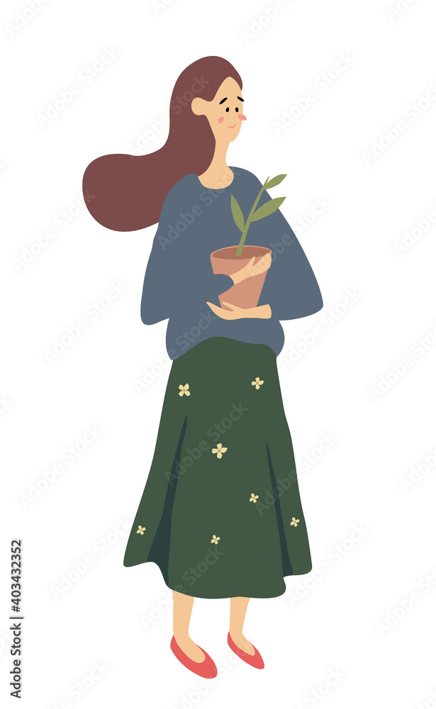 Woman holding flowerpot, potted indoor plants. Eco concept. Vector illustration. Isolated white background. Woman holding flowerpot, potted indoor plants. Eco concept. Vector illustration. Isolated white background.