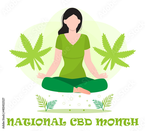National CBD month concept vector for blog, web, banner. Event is celebrated in January. Medical cannabis illustration. Yoga balance and marijuana, cannabinoids medicinal drug