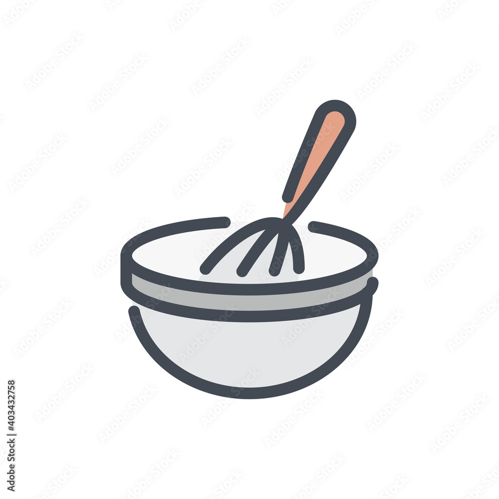 Cooking whisk with bowl color line icon. Mixing ingredients vector outline colorful sign. Cooking whisk with bowl color line icon. Mixing ingredients vector outline colorful sign.