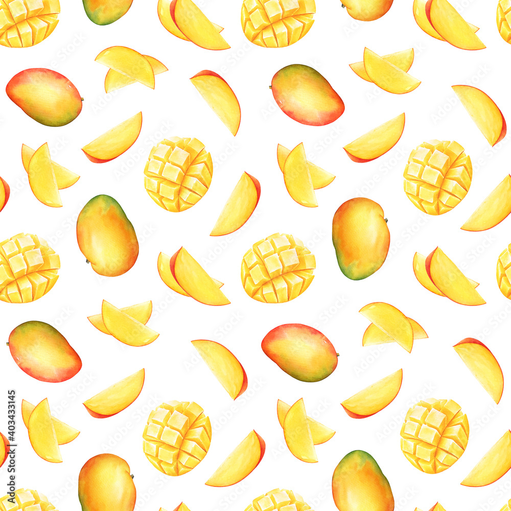 Watercolor mango fruits with slices Watercolor mango fruits with slices