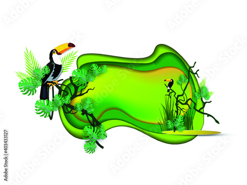 Vector drawing design paper art of tropical landscape with cute toucans, plant and place for text on green background. The concept of environmental protection, travel, recreation, other.