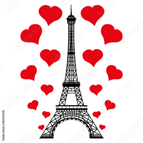 Eiffel Tower surrounded by red hearts. I love Paris, France design. Europe travel vector illustration.